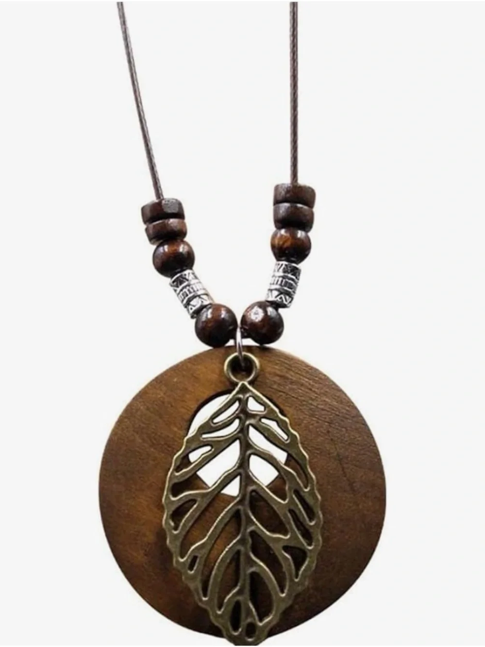 Boho Wood Leaf Pendant Necklace Long Brown Cord Beaded Gold Leaf Statement 35”